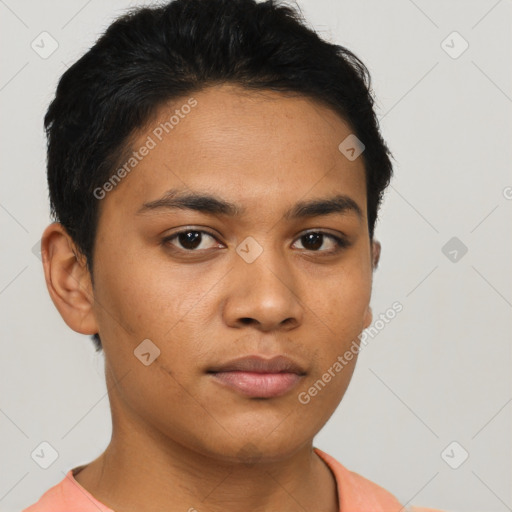 Neutral latino young-adult male with short  brown hair and brown eyes