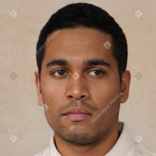 Neutral latino young-adult male with short  black hair and brown eyes