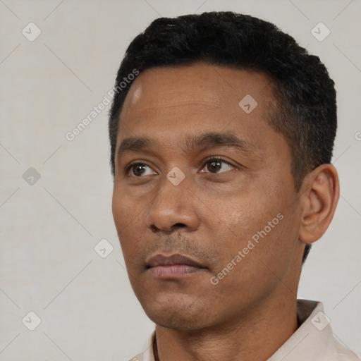Neutral black young-adult male with short  black hair and brown eyes