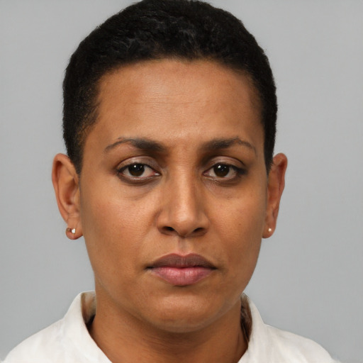Neutral black young-adult female with short  brown hair and brown eyes