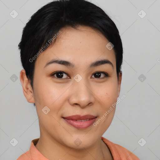 Joyful asian young-adult female with short  black hair and brown eyes