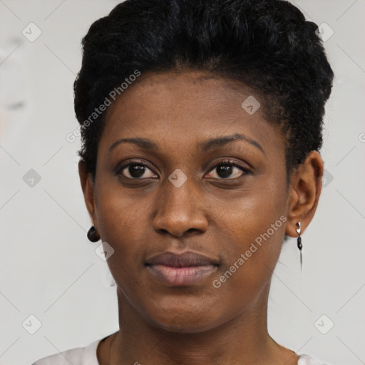 Neutral black young-adult female with short  black hair and brown eyes