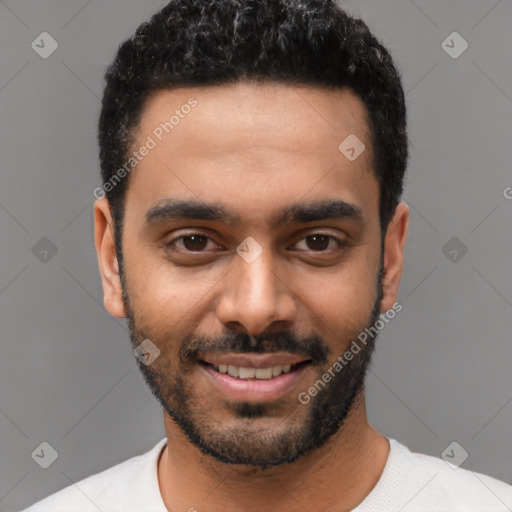 Joyful latino young-adult male with short  black hair and brown eyes