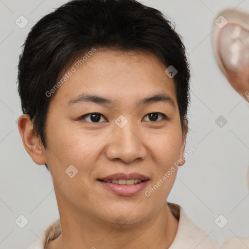 Joyful white young-adult female with short  brown hair and brown eyes