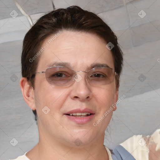 Joyful white adult female with short  brown hair and brown eyes