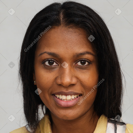 Joyful black young-adult female with medium  brown hair and brown eyes