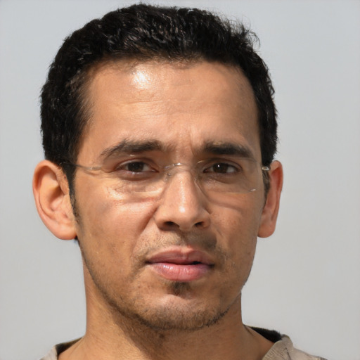 Neutral white adult male with short  black hair and brown eyes