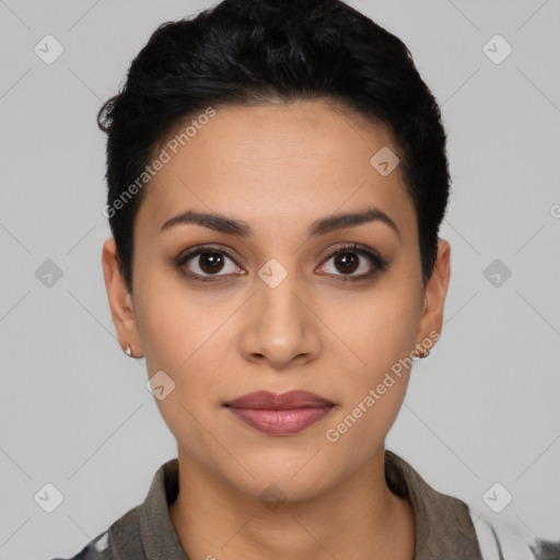 Neutral latino young-adult female with short  black hair and brown eyes