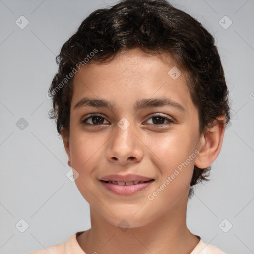 Joyful white child female with short  brown hair and brown eyes