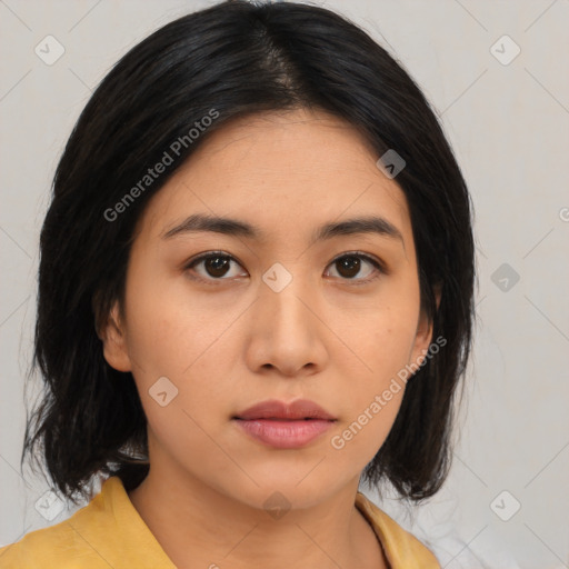 Neutral asian young-adult female with medium  black hair and brown eyes