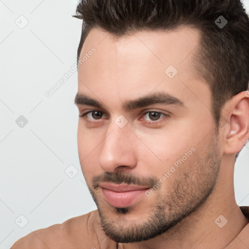 Neutral white young-adult male with short  brown hair and brown eyes