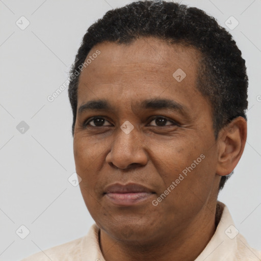 Joyful latino adult male with short  black hair and brown eyes