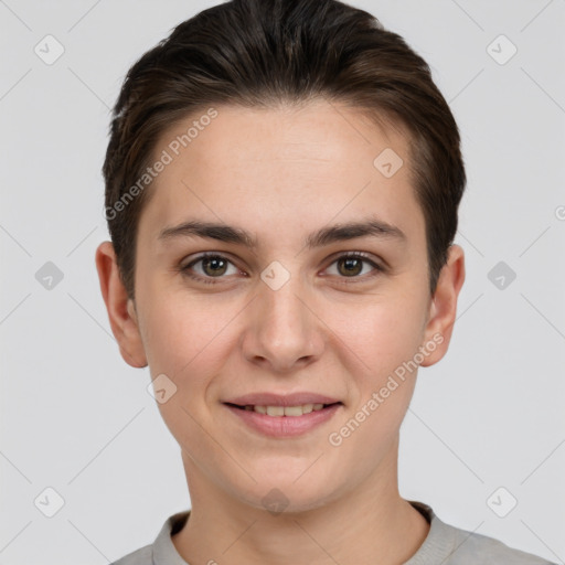 Joyful white young-adult female with short  brown hair and brown eyes