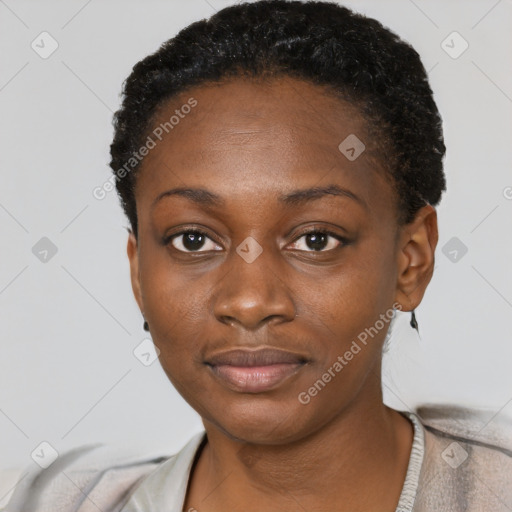 Neutral black young-adult female with short  black hair and brown eyes