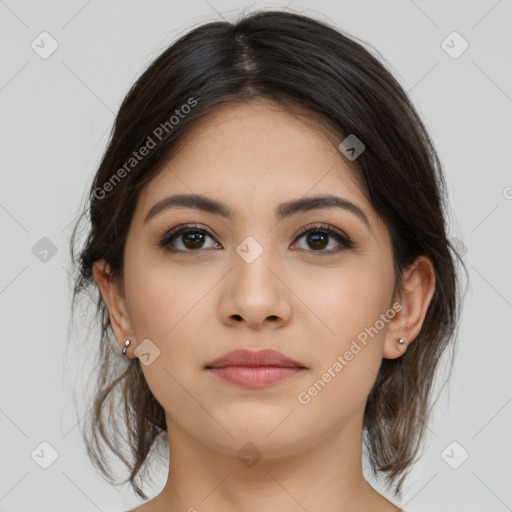 Neutral asian young-adult female with medium  brown hair and brown eyes