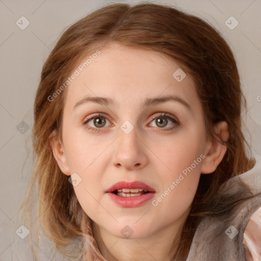 Joyful white young-adult female with medium  brown hair and green eyes