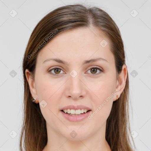 Joyful white young-adult female with long  brown hair and grey eyes