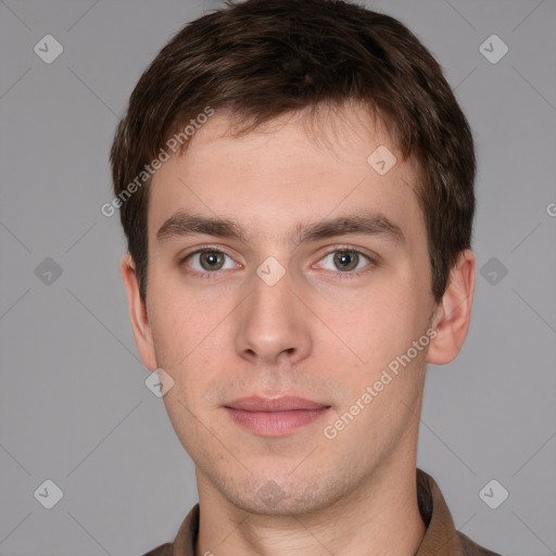 Neutral white young-adult male with short  brown hair and brown eyes