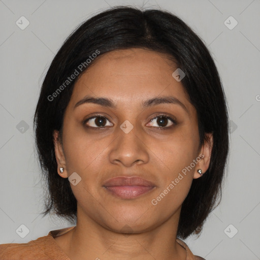 Joyful black young-adult female with medium  brown hair and brown eyes