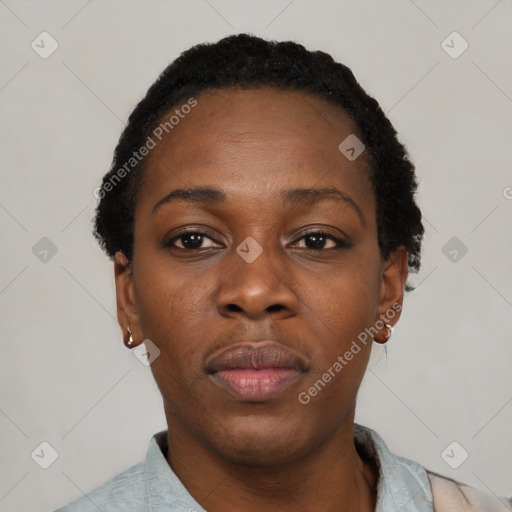 Neutral black young-adult female with short  black hair and brown eyes