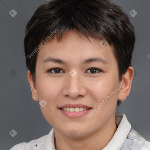 Joyful white young-adult female with short  brown hair and brown eyes