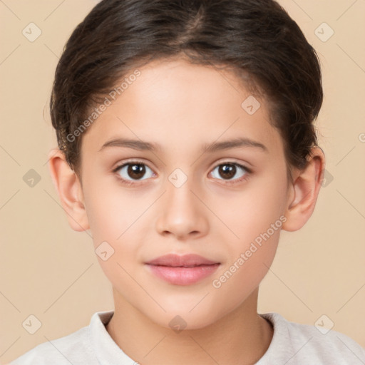 Joyful white child female with short  brown hair and brown eyes