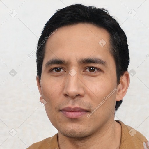 Neutral asian young-adult male with short  black hair and brown eyes