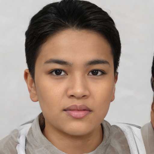 Neutral asian young-adult female with short  brown hair and brown eyes