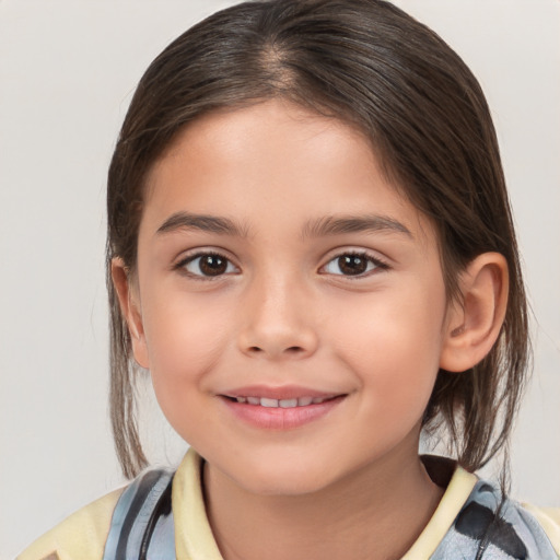 Joyful white child female with medium  brown hair and brown eyes