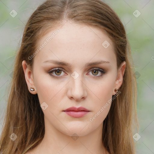 Neutral white young-adult female with long  brown hair and brown eyes