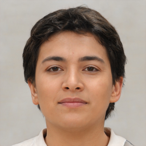 Neutral asian young-adult female with short  brown hair and brown eyes