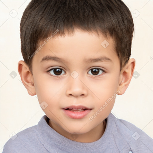 Joyful white child male with short  brown hair and brown eyes