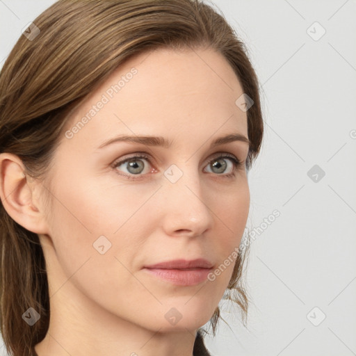 Neutral white young-adult female with long  brown hair and grey eyes