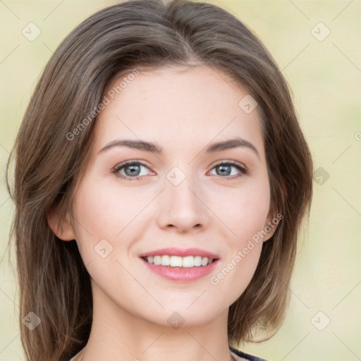 Joyful white young-adult female with medium  brown hair and green eyes