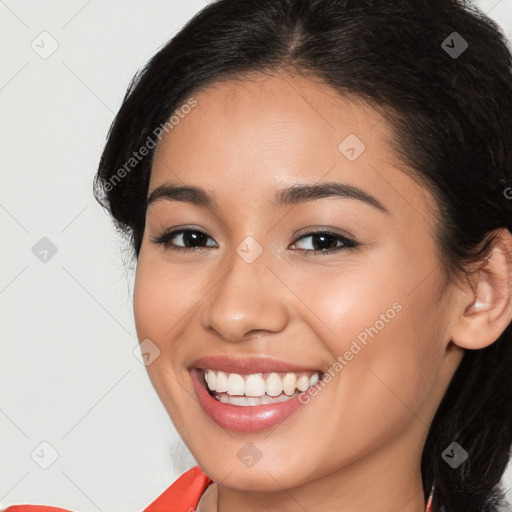 Joyful white young-adult female with long  brown hair and brown eyes