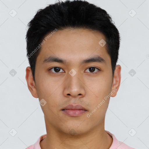 Neutral asian young-adult male with short  black hair and brown eyes