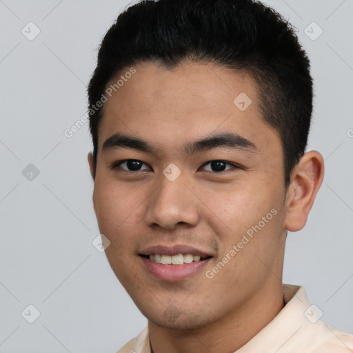 Joyful latino young-adult male with short  black hair and brown eyes