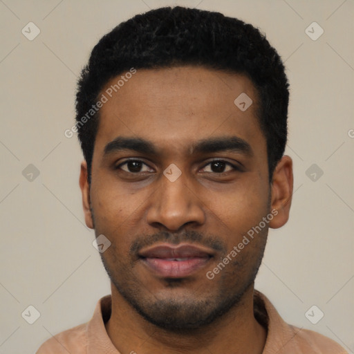 Neutral latino young-adult male with short  black hair and brown eyes