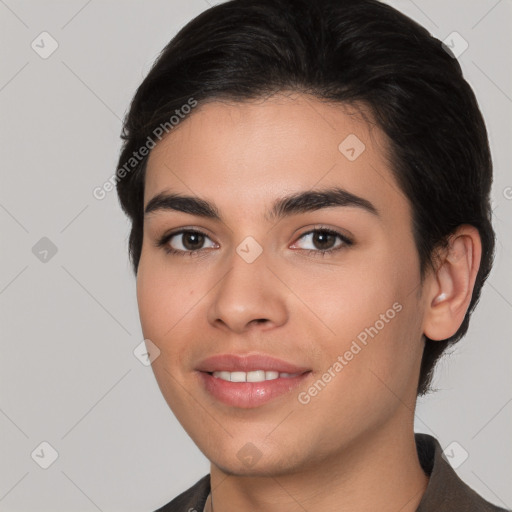 Joyful white young-adult female with short  brown hair and brown eyes