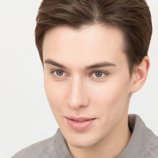 Neutral white young-adult male with short  brown hair and brown eyes