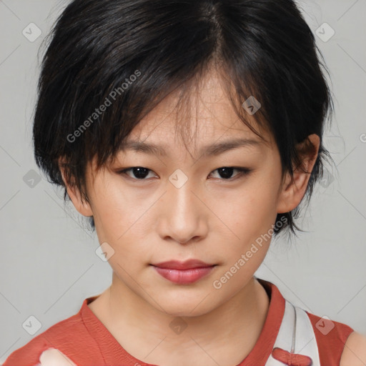 Neutral asian young-adult female with medium  black hair and brown eyes