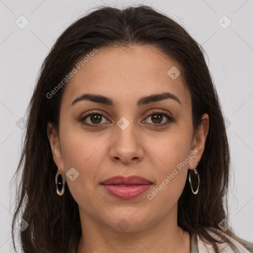 Joyful white young-adult female with long  brown hair and brown eyes