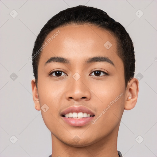 Joyful latino young-adult male with short  black hair and brown eyes