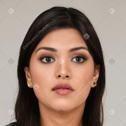 Neutral asian young-adult female with long  brown hair and brown eyes