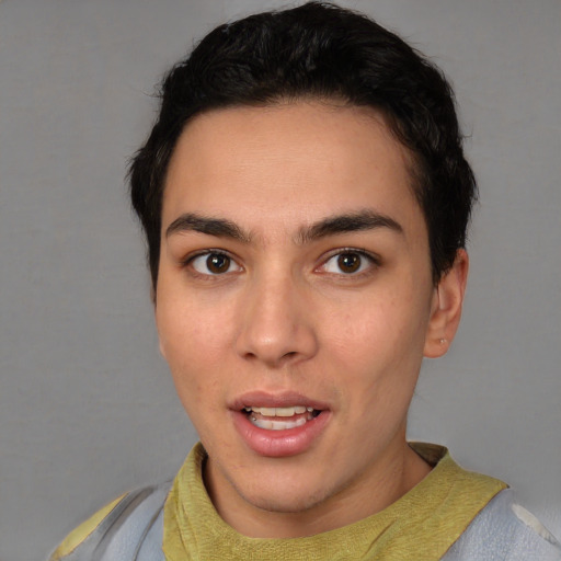 Joyful white young-adult female with short  brown hair and brown eyes