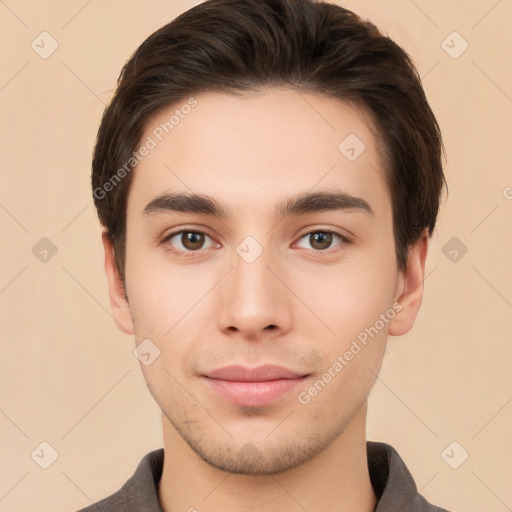 Neutral white young-adult male with short  brown hair and brown eyes