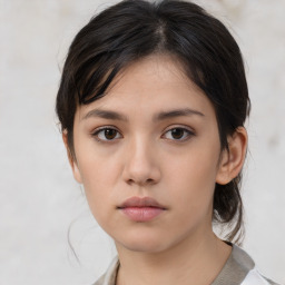 Neutral asian young-adult female with medium  brown hair and brown eyes