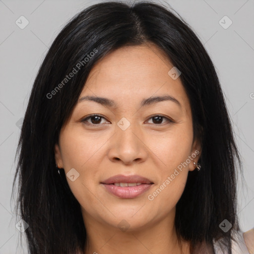 Joyful asian young-adult female with medium  brown hair and brown eyes