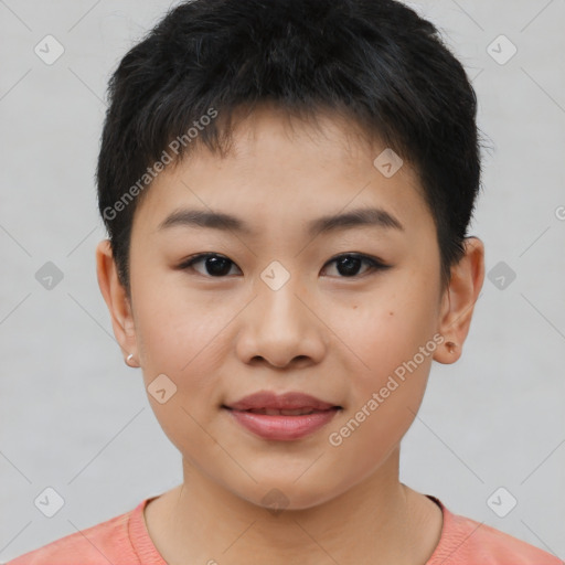 Joyful asian young-adult female with short  brown hair and brown eyes