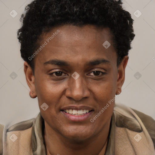 Joyful black young-adult male with short  brown hair and brown eyes